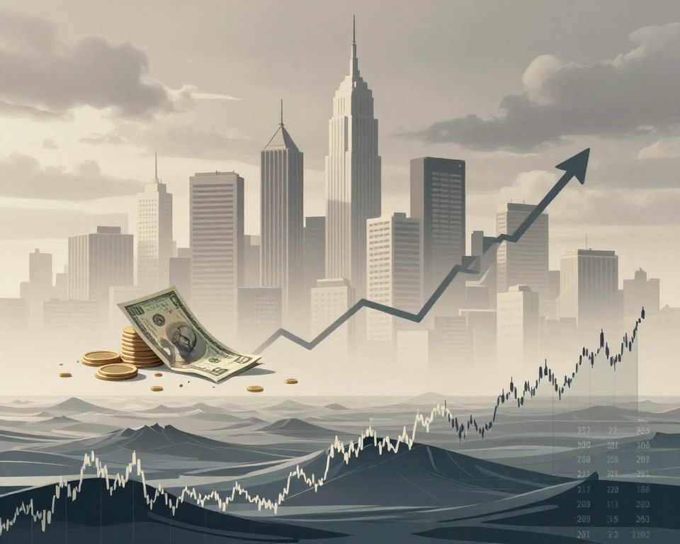 A conceptual illustration representing market volatility and the impact of inflation. In the foreground, a turbulent sea of fluctuating stock charts and numerical indicators, symbolizing market instability. The middle layer features abstract representations of inflation, like soaring prices and a melting currency, intertwined with graphs showing rising consumer prices. The background showcases a skyline of skyscrapers, representing the urban economy, enveloped in a moody, overcast sky. Soft diffused lighting casts shadows, enhancing the dramatic tension of the scene. The overall atmosphere is one of uncertainty and calculation, utilizing a palette of neutral colors to maintain a professional and minimal aesthetic.