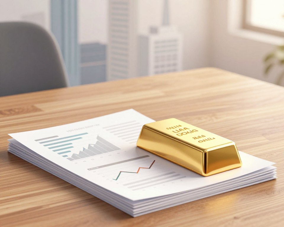 A visually striking scene contrasting paper asset investments and physical gold ownership. In the foreground, a stack of crisp, well-organized financial documents representing paper assets, with graphs and charts subtly visible. Next to it, a shiny, intricately detailed gold bar reflecting soft light, symbolizing tangible wealth. The middle ground showcases a polished wooden table setting, emphasizing professionalism and stability, with soft shadows enhancing depth. In the background, an abstract representation of financial markets—blurry skyscrapers or stock tickers —to illustrate the dynamic nature of investments. The lighting is warm and inviting, creating a sense of importance and contemplation, with a focus on neutral color tones for a modern, minimal aesthetic. The overall mood is thoughtful and serious, suited for a financial discussion.