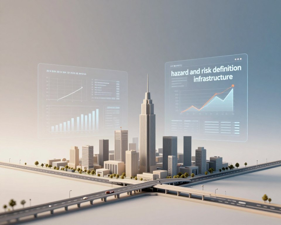 A conceptual illustration depicting "hazard and risk definition infrastructure" in a professional setting. Foreground: a detailed 3D model of a cityscape with various infrastructure elements like bridges, buildings, and roads, showcasing different risk factors such as potential hazards. Middle ground: a semi-transparent overlay of risk assessment diagrams and graphs, representing data analysis on infrastructure stability. Background: a gradient sky transitioning from gray to blue, symbolizing uncertainty and hope. Use soft, diffused lighting to create an analytical atmosphere, focusing on the interplay of light and shadow to emphasize the complexity of risk perception. Aim for a minimalistic design with neutral colors to maintain a professional tone, avoiding any human figures or extraneous elements. A conceptual illustration depicting "hazard and risk definition infrastructure" in a professional setting. Foreground: a detailed 3D model of a cityscape with various infrastructure elements like bridges, buildings, and roads, showcasing different risk factors such as potential hazards. Middle ground: a semi-transparent overlay of risk assessment diagrams and graphs, representing data analysis on infrastructure stability. Background: a gradient sky transitioning from gray to blue, symbolizing uncertainty and hope. Use soft, diffused lighting to create an analytical atmosphere, focusing on the interplay of light and shadow to emphasize the complexity of risk perception. Aim for a minimalistic design with neutral colors to maintain a professional tone, avoiding any human figures or extraneous elements.