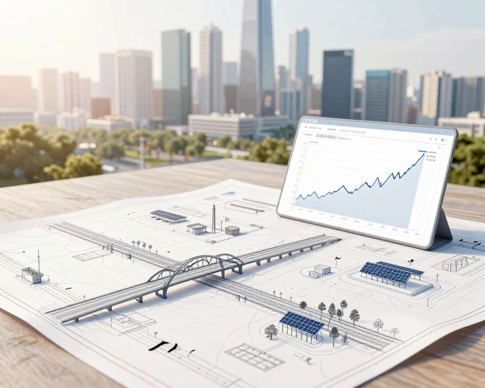 A conceptual illustration depicting various investment approaches for infrastructure projects. In the foreground, a detailed blueprint showing diverse infrastructure elements like bridges, roads, and renewable energy installations, designed with clean lines and minimalistic graphics. The middle ground features a digital financial chart displaying investment trends and growth prospects, incorporated seamlessly into the design. The background presents an abstract city skyline with modern skyscrapers and green spaces, bathed in soft sunlight to evoke a sense of optimism and investment potential. The overall color palette consists of neutral tones, creating a professional and sophisticated atmosphere. The image should be devoid of any human figures, text, or distractions, focusing solely on the conceptual aspects of infrastructure investment.