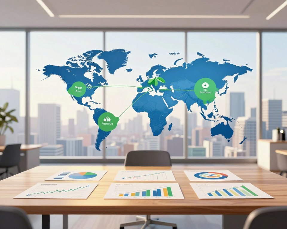 A conceptual illustration of sovereign wealth fund investing strategies, featuring a central display of diverse investment assets like stocks, bonds, real estate, and renewable energy symbols. In the foreground, an elegant wooden table showcases a selection of financial graphs and charts, illuminated by warm, soft lighting to create a professional atmosphere. The middle ground includes abstract representations of global markets and interconnected financial networks, with shades of blue and green to convey a sense of stability and growth. The background is a minimalist office space with floor-to-ceiling windows overlooking a city skyline, reinforcing the theme of investment potential. The overall mood is serious and focused, perfect for a financial analysis context.