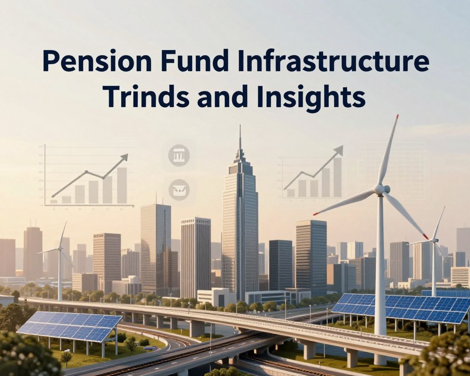 A conceptual illustration representing "Pension Fund Infrastructure Trends and Insights," focusing on investment in various infrastructure sectors. In the foreground, depict an abstract blend of modern cityscapes, bridges, renewable energy sources like wind turbines and solar panels, and transportation networks such as highways and railways. In the middle ground, visualize data charts with upward trends and icons symbolizing growth, such as arrows and graphs, in neutral colors like grays and blues. The background should feature a soft-focus skyline, subtly lit by golden hour lighting, providing an optimistic atmosphere. Aim for a professional, minimal design that conveys a sense of growth and opportunity in infrastructure investing. Avoid any human presence or text to maintain clarity and focus on the concept.