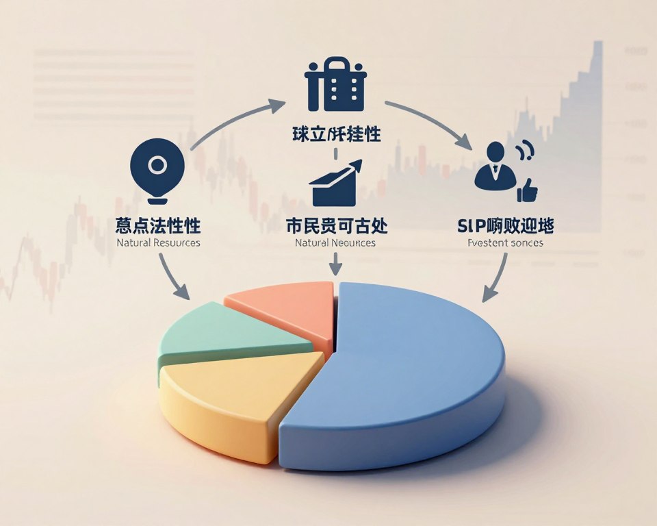 A conceptual representation of Sovereign Wealth Funds (SWFs) funding sources and fiscal rules. In the foreground, display a stylized pie chart symbolizing diverse funding sources, like revenue from natural resources, taxes, and investment returns. In the middle ground, illustrate a flowchart connecting these sources to various fiscal rules, depicted as arrows with icons for sustainability and economic stability. The background should feature abstract financial graphs and charts, subtly blended, to create a professional atmosphere. Use a neutral color palette with soft lighting to evoke a calm yet informative mood. The composition should convey clarity and sophistication without any text or human figures, focusing entirely on the concepts of funding and fiscal policies.