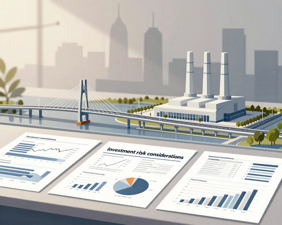 A conceptual visualization of "investment risk considerations" in infrastructure investing, featuring a desaturated color palette with neutral tones. In the foreground, a meticulously arranged table displays a variety of financial charts, graphs, and investment reports, symbolizing analysis and assessment. The middle ground showcases a striking scale model of an infrastructure project, such as a bridge or power plant, reflecting the sector's complexity. In the background, soft-focus silhouettes of urban skylines and construction elements gently blend into the scene. Natural lighting filters in from the left, casting subtle shadows that enhance the professional atmosphere. The overall mood is calm yet analytical, evoking a sense of thoughtful planning and risk evaluation.