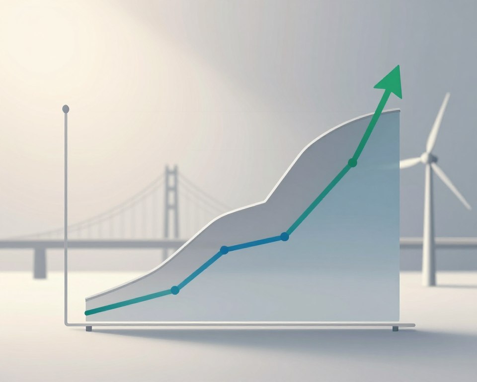 A detailed illustration of risk and return profiles in a minimal, professional style. In the foreground, a sleek and modern graph displays two curves—one representing risk and the other representing return—using neutral colors like gray, blue, and green. The middle ground features abstract representations of infrastructure projects, such as bridges and wind turbines, subtly integrated into the background without overshadowing the graph. The background consists of a soft gradient transitioning from light to dark, suggesting depth and complexity. The lighting is bright yet soft, creating an inviting atmosphere, as if illuminated by natural light. The composition is balanced and minimalist, with no distractions, focusing solely on the concept of risk and return in infrastructure funds.