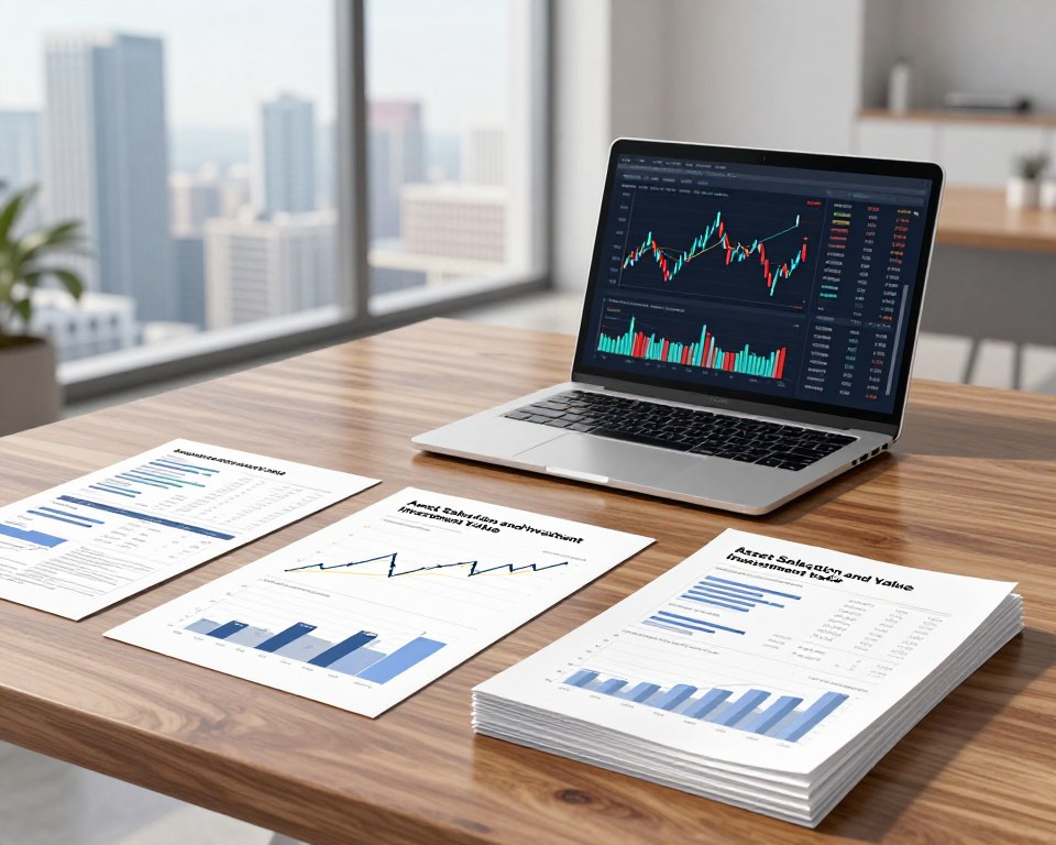 A detailed illustration representing "Asset Selection and Investment Value." In the foreground, a sleek, polished wooden table displays an array of financial charts, graphs, and a stack of high-end financial reports, embodying a sense of analysis and strategy. The middle layer features an elegant, modern laptop with dynamic stock market data on the screen, suggesting real-time decision-making. The background consists of a large window revealing a sophisticated city skyline, with soft, natural light pouring in, creating a bright yet professional atmosphere. The color palette is neutral, focusing on browns, grays, and whites, contributing to a clean and minimalist look. The overall mood conveys clarity and focus, emphasizing the serious nature of asset selection in investing. A detailed illustration representing "Asset Selection and Investment Value." In the foreground, a sleek, polished wooden table displays an array of financial charts, graphs, and a stack of high-end financial reports, embodying a sense of analysis and strategy. The middle layer features an elegant, modern laptop with dynamic stock market data on the screen, suggesting real-time decision-making. The background consists of a large window revealing a sophisticated city skyline, with soft, natural light pouring in, creating a bright yet professional atmosphere. The color palette is neutral, focusing on browns, grays, and whites, contributing to a clean and minimalist look. The overall mood conveys clarity and focus, emphasizing the serious nature of asset selection in investing.