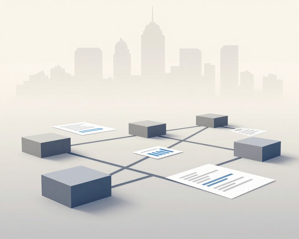 A minimalist and professional illustration depicting a regulatory framework overview for infrastructure investment risks. In the foreground, use geometric shapes such as blocks and lines representing various regulatory components, highlighted in neutral tones of grey and blue. The middle ground features interconnected pathways symbolizing the flow of regulations, with faint outlines of compliance documents and charts. In the background, create a subtle city skyline silhouette, indicating the infrastructure context, with soft ambient lighting casting a calm, serious mood. Use a wide-angle lens perspective to give depth, showcasing the layers of regulation without human figures or text, ensuring a clean, conceptual focus on the regulatory theme.