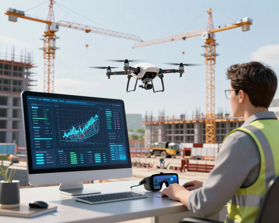 A modern construction site displaying advanced technology for risk management. In the foreground, a sleek digital interface with risk assessment metrics and 3D blueprints, glowing softly in blues and greens. In the middle, an automated drone surveying the site, capturing data, while augmented reality glasses rest on an architect's table, showcasing real-time updates. In the background, cranes and scaffolding under a clear sky, illuminated by natural sunlight that reflects off the smooth surfaces of machinery. The overall mood is one of innovation and safety, highlighting a structured environment where technology enhances construction efficiency and mitigates risks effectively. Neutral colors dominate the scene, maintaining a professional and minimal aesthetic.