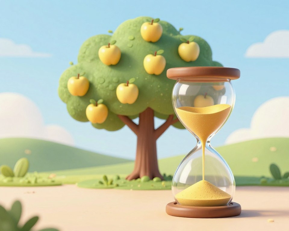 A serene and contemplative scene illustrating the concept of delayed gratification in investing. In the foreground, a large hourglass filled with golden sand slowly trickles down, symbolizing the passage of time and patience. In the middle ground, a lush green landscape features a growing tree with sturdy branches, each laden with ripe, golden apples representing fruitful investments that require nurturing. In the background, a clear blue sky stretches above, with soft, diffused sunlight creating a warm, uplifting atmosphere. The overall mood is professional yet inspiring, conveying hope and clarity. The color palette consists of neutral tones, with an emphasis on greens, golds, and blues to evoke a sense of calm and focus on long-term goals. No people or text present in the image. A serene and contemplative scene illustrating the concept of delayed gratification in investing. In the foreground, a large hourglass filled with golden sand slowly trickles down, symbolizing the passage of time and patience. In the middle ground, a lush green landscape features a growing tree with sturdy branches, each laden with ripe, golden apples representing fruitful investments that require nurturing. In the background, a clear blue sky stretches above, with soft, diffused sunlight creating a warm, uplifting atmosphere. The overall mood is professional yet inspiring, conveying hope and clarity. The color palette consists of neutral tones, with an emphasis on greens, golds, and blues to evoke a sense of calm and focus on long-term goals. No people or text present in the image.
