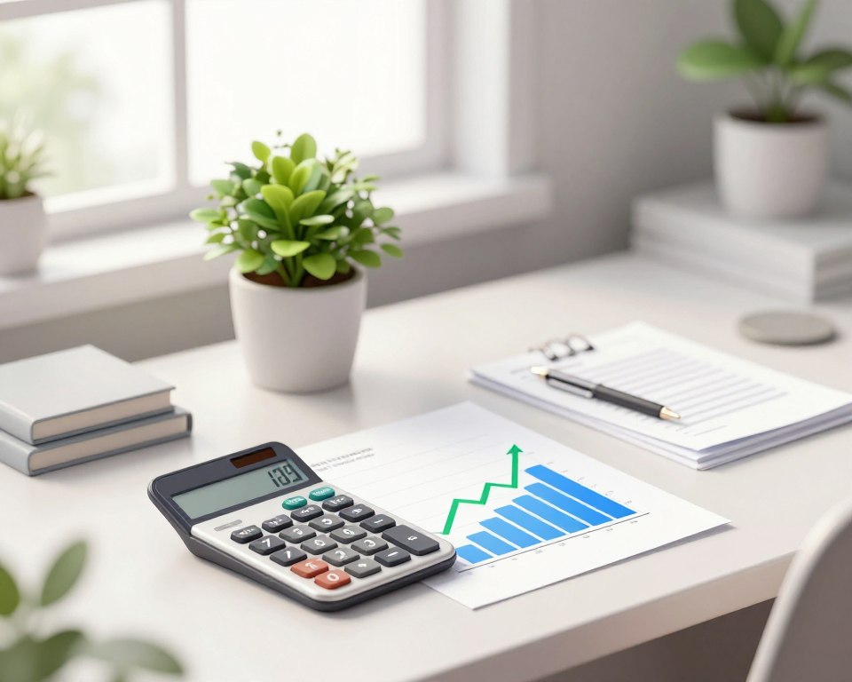 A serene, minimalist workspace showcasing a compound growth investment strategy. In the foreground, an elegant desk with a high-quality, modern calculator and a financial graph displaying an upward trend in green and blue, symbolizing growth. The middle layer features a lush, small potted plant representing growth and patience, alongside neatly organized financial documents. The background contains a soft-focus view of a window, allowing natural light to flood in, creating a calming atmosphere. Use neutral colors throughout the image for a professional look. The scene should evoke a sense of tranquility and long-term planning, emphasizing the patience required in investing. The composition captures a calm, reflective mood, suitable for an investment strategy discussion.
