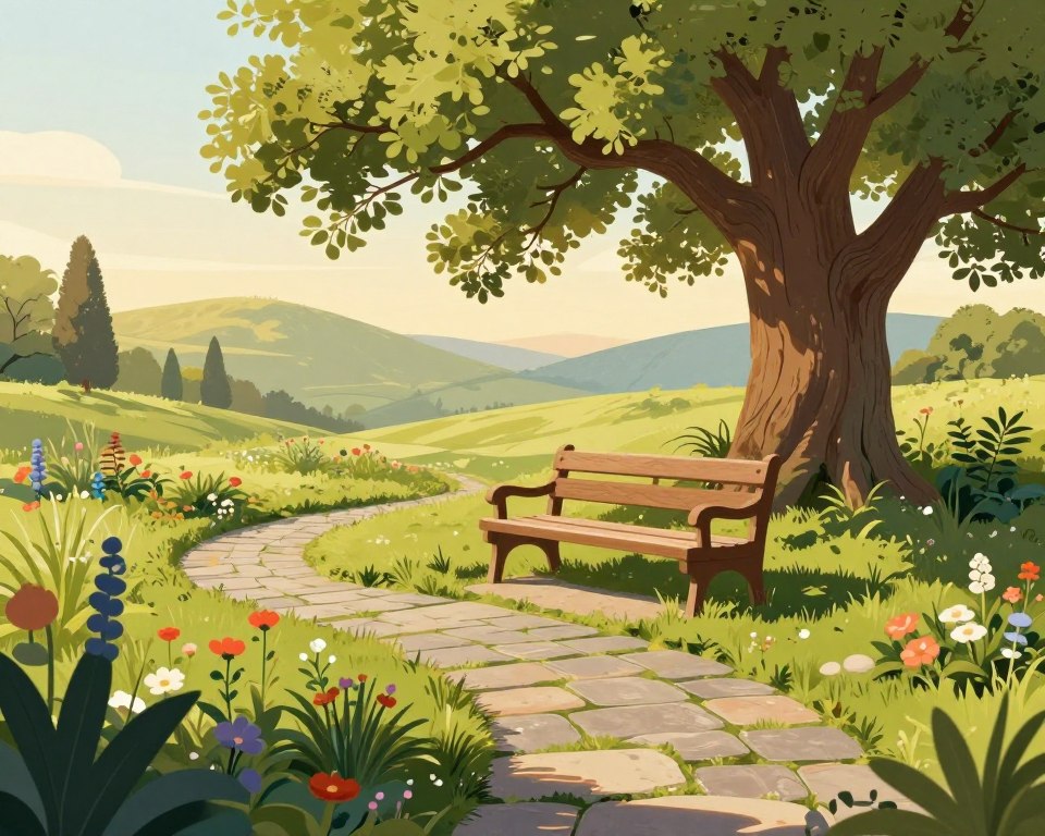 A serene outdoor setting depicting a tranquil garden scene, symbolizing patience in investing. In the foreground, a well-tended stone path meanders through lush green plants and colorful flowers, representing growth over time. In the middle, a sturdy wooden bench invites contemplation under a large, mature oak tree, its branches sprawling with leaves, signifying stability and endurance in financial journeys. In the background, distant rolling hills bathed in soft, golden sunlight create a warm, inviting atmosphere. The scene is softly illuminated with natural lighting, capturing the essence of calmness and reflection. Use a wide-angle view to encompass the expansive beauty of the landscape, emphasizing the theme of patience in investment. The overall mood is peaceful and contemplative, encouraging viewers to pause and reflect on the importance of patience in financial decisions.
