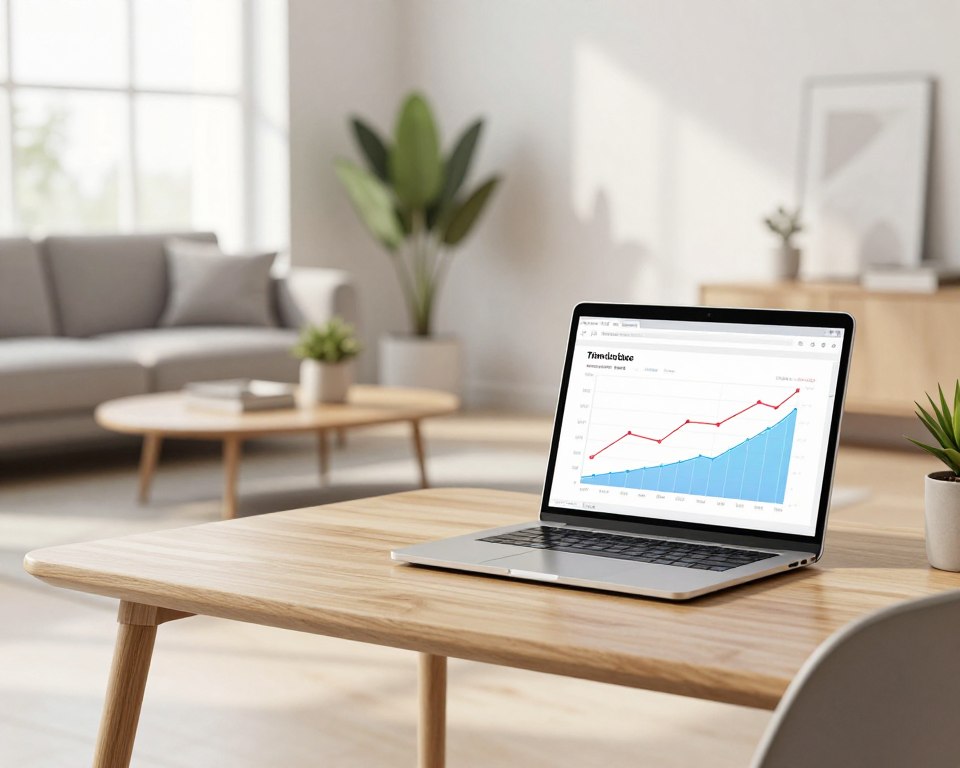 A sleek and modern workspace featuring elements that represent Airbnb as a company. In the foreground, a minimalist wooden desk with a laptop displaying a digital graph illustrating investment timelines and performance metrics, symbolizing time horizon bias. In the middle, a chic, cozy living space with air plants and a stylish coffee table, reflecting the essence of home sharing. The background showcases a large window with soft natural light pouring in, casting gentle shadows. The color palette is neutral, with soft whites, grays, and earthy tones creating a calm and professional atmosphere. The angle focuses on the desk, inviting the viewer into the scene, encouraging contemplation of investment strategies within the context of the Airbnb model.