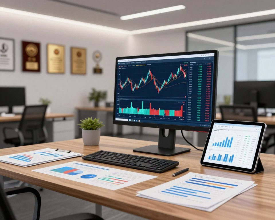 A sleek, modern office environment focusing on business and investment risk analysis. In the foreground, a polished wooden desk adorned with analytical graphs, market trend charts, and financial documents. The middle ground features a large monitor displaying real-time stock market data, alongside a digital tablet showing risk assessment tools. In the background, soft, ambient lighting illuminates a wall filled with financial awards and accolades, creating a professional atmosphere. The color palette is neutral with shades of gray, blue, and white, conveying a serious and focused mood. Use a wide-angle lens to capture a comprehensive view of the workspace, emphasizing the sophisticated and analytical nature of execution risk in business and investment. A sleek, modern office environment focusing on business and investment risk analysis. In the foreground, a polished wooden desk adorned with analytical graphs, market trend charts, and financial documents. The middle ground features a large monitor displaying real-time stock market data, alongside a digital tablet showing risk assessment tools. In the background, soft, ambient lighting illuminates a wall filled with financial awards and accolades, creating a professional atmosphere. The color palette is neutral with shades of gray, blue, and white, conveying a serious and focused mood. Use a wide-angle lens to capture a comprehensive view of the workspace, emphasizing the sophisticated and analytical nature of execution risk in business and investment.