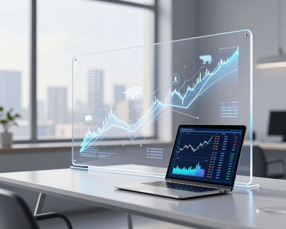 A sophisticated and minimalistic workspace illustrating advanced investment strategies. In the foreground, a sleek, modern desk with an open laptop displaying financial charts and a glowing screen filled with stock data. In the middle, a transparent acrylic board showcasing flowing graphs and strategies, intertwined with images of financial symbols like bull and bear icons. The background features a large window with soft natural light pouring in, illuminating a city skyline. The atmosphere is calm and professional, with a color palette of neutral grays, whites, and soft blues. The composition emphasizes clarity and focus, inviting the viewer to explore the intricacies of investment strategies without distractions.