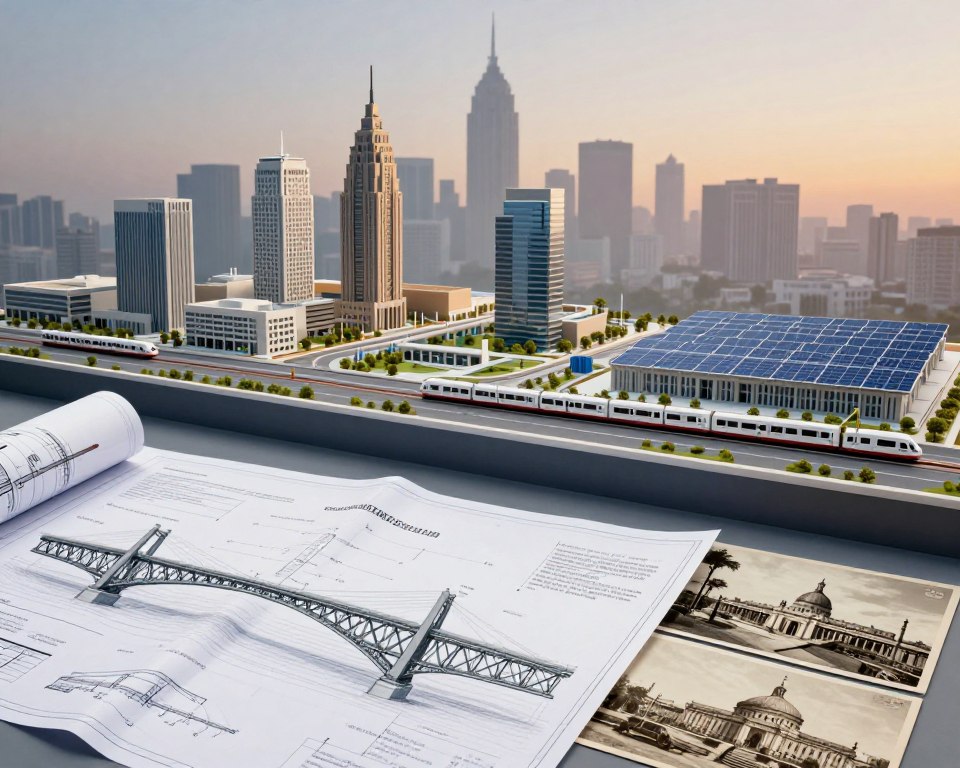 A visual representation of lessons learned from past infrastructure projects, featuring a split-view composition. In the foreground, a detailed blueprint and vintage photographs of iconic infrastructure, like bridges and railways, symbolize historical successes and failures. The middle layer shows models of modern infrastructure, such as urban transit systems and renewable energy facilities, reflecting innovation. In the background, a faded skyline skyline at twilight creates an atmosphere of reflection and contemplation, illuminated by soft, warm lighting to evoke a sense of possibility. The overall color palette should focus on neutral tones, with hints of blue and gray, portraying professionalism and a forward-looking perspective, ideal for a corporate analysis on infrastructure risk. A visual representation of lessons learned from past infrastructure projects, featuring a split-view composition. In the foreground, a detailed blueprint and vintage photographs of iconic infrastructure, like bridges and railways, symbolize historical successes and failures. The middle layer shows models of modern infrastructure, such as urban transit systems and renewable energy facilities, reflecting innovation. In the background, a faded skyline skyline at twilight creates an atmosphere of reflection and contemplation, illuminated by soft, warm lighting to evoke a sense of possibility. The overall color palette should focus on neutral tones, with hints of blue and gray, portraying professionalism and a forward-looking perspective, ideal for a corporate analysis on infrastructure risk.