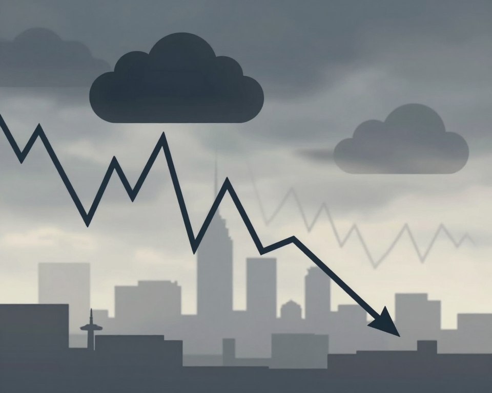 A conceptual illustration depicting real-world market examples of tail risk. In the foreground, a stylized stock market chart depicts sharp downward trends beginning from a peak, with dark clouds looming above, symbolizing uncertainty. In the middle ground, abstract representations of commodities like gold and oil are shown with fluctuating lines to illustrate volatility. The background features a muted city skyline under a dramatic, overcast sky, enhancing the contrast between stability and chaos. The lighting is subdued with a cool palette of neutral colors, creating a somber mood that reflects the gravity of tail risk in investment behavior. The composition is artistic and minimal, lacking any text or people, focusing solely on the essence of market fluctuations.