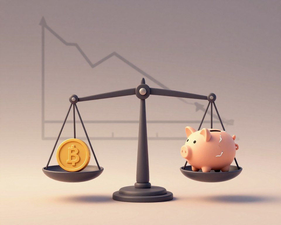 A conceptual illustration of loss aversion, depicting two contrasting scales in a minimalistic style. In the foreground, a balanced scale with a gold coin on one side and a broken piggy bank on the other, highlighting the tension between gain and loss. In the middle ground, a faint outline of a graph showing the principle of loss aversion, with a steep decline in positive outcomes contrasted against stable negative outcomes. The background features a gradient of neutral colors, evoking a sense of balance and contemplation. Soft, diffused lighting casts gentle shadows, creating a calm atmosphere, while a slight tilt from a low-angle perspective emphasizes the importance of the subject.