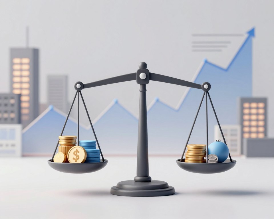 A conceptual illustration of portfolio stress testing visualized as a balance scale in a professional setting. In the foreground, the balance scale prominently displays various investment assets like stocks, bonds, and commodities on one side, symbolizing varied risk profiles. The middle ground features abstract, flowing graphs and charts that represent market volatility and potential losses. In the background, soft-focusing financial district buildings are illuminated by warm, soft light, conveying a calm yet serious atmosphere. The color palette consists of neutral tones like gray, blue, and beige, emphasizing a professional and minimal aesthetic. This image aims to encapsulate the essence of risk management approaches for investors while maintaining a clean and focused design.