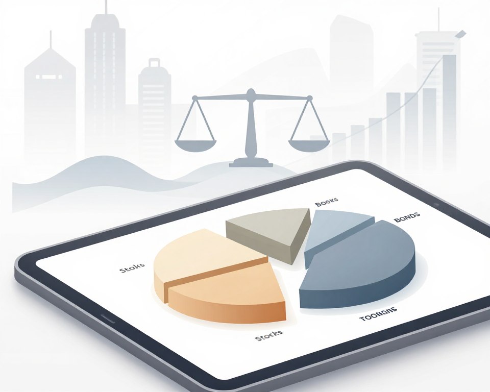 A detailed illustration of a balanced investment portfolio allocation, featuring a series of elegant, pie chart-like segments in neutral colors to represent various asset classes such as stocks, bonds, and real estate. In the foreground, include a stylized digital tablet displaying the portfolio, focusing on clean lines and a minimalist design. The middle ground features abstract representations of risk tolerance, such as gentle waves or scales, symbolizing equilibrium. In the background, soft-focus silhouettes of skyscrapers and financial graphs create a professional, corporate atmosphere. Use soft, diffused lighting to evoke a sense of calm and clarity, with a slight overhead angle to convey depth, ensuring the overall composition remains concept-focused without any text or human elements, encapsulating the essence of aligning investments with one's risk profile.