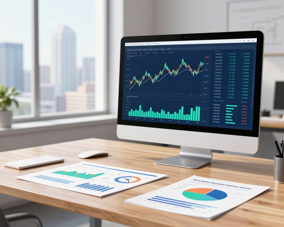 A professional and minimalistic depiction of an asset allocation risk management portfolio, set in a clean, modern office environment. In the foreground, focus on a sleek, polished wooden desk with neatly arranged financial reports, graphs, and pie charts illustrating diversified investments. The middle layer features a large digital screen displaying a live data feed with fluctuating market metrics and a risk assessment dashboard. In the background, a large window offers a view of a city skyline, bathed in natural daylight that enhances the setup with a calm and focused atmosphere. The color palette is neutral, with blues and greens reflecting financial stability. Avoid any human presence, emphasizing a conceptual approach to risk management in asset allocation.