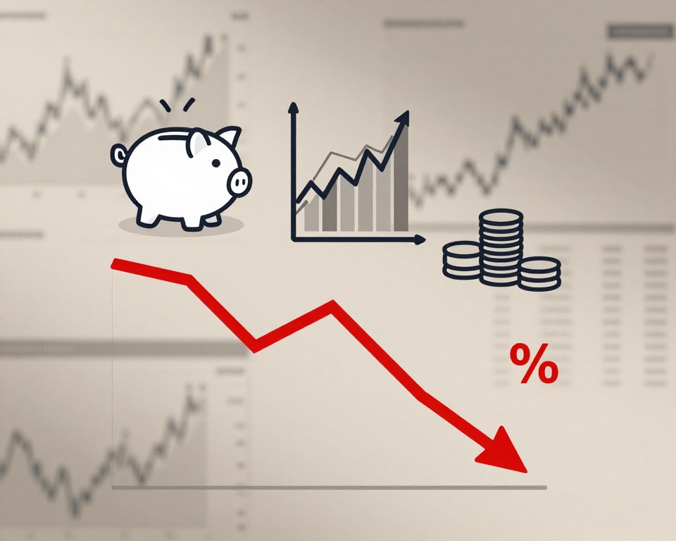 A professional and minimalistic illustration of investment downside risk examples. In the foreground, a downward-trending graph displaying red lines with percentage values indicating losses. In the middle ground, various icons symbolizing risks: a broken piggy bank, fluctuating stock market graphs, and a falling coin stack. The background features abstract financial charts and data with neutral color tones for a corporate feel, using soft lighting to create a serious yet calming atmosphere. The focus is on clean lines and geometric shapes to convey clarity in financial risks, with a slight blur to emphasize the foreground elements. The overall mood is analytical and reflective, suitable for a professional article on investment risk management.