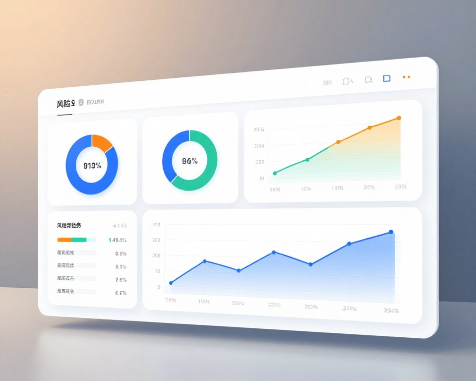 A professional dashboard visualizing the balance between risk and return in asset allocation. In the foreground, display a sleek, minimalistic interface featuring interactive graphs and charts, with a focus on risk vs. return scatter plots and efficient frontier curves. The middle ground includes data visualizations such as pie charts representing asset classes and risk levels indicated through color gradients that transition smoothly. The background should be a soft gradient of neutral colors, implying a sophisticated and calm environment. Use subtle ambient lighting to create a clean and professional atmosphere, with a slight depth of field effect to draw attention to the dashboard. The overall mood is analytical and clear, reflecting a business-oriented approach to investment decision-making.