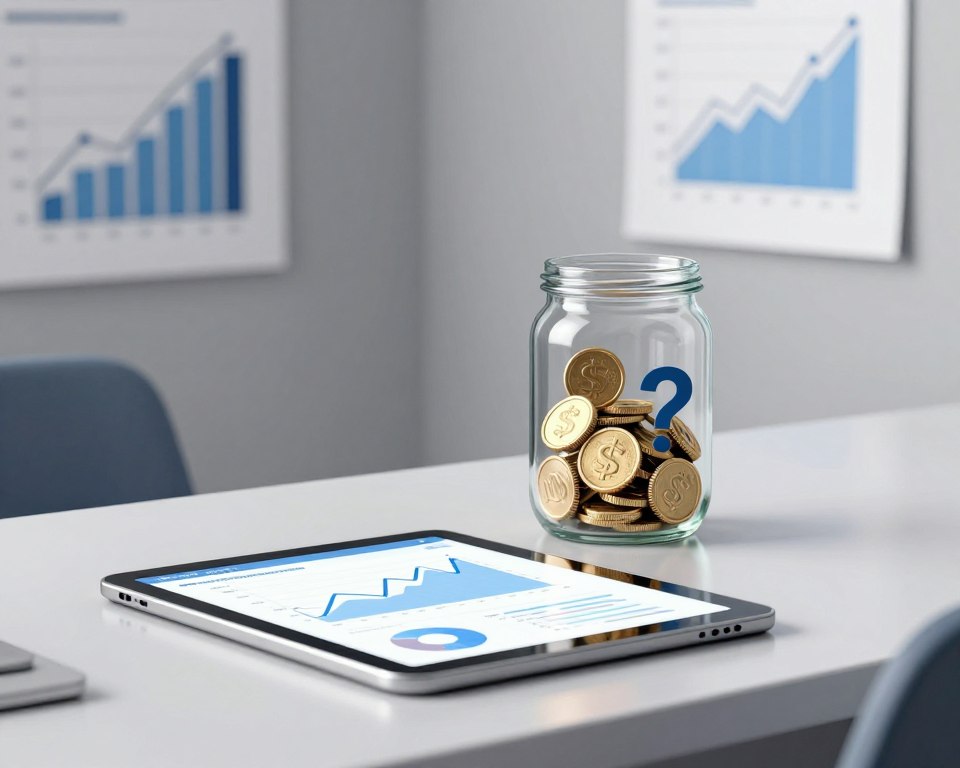 A professional, minimalist scene focused on financial assessment for risk capacity. In the foreground, a sleek, modern desk with a digital tablet displaying graphs and data, emphasizing risk evaluation. In the middle, a clear glass jar holding various financial symbols like coins, charts, and question marks, symbolizing diverse risk capacities. The background features soft, out-of-focus financial charts hanging on a wall, with neutral tones of gray and blue creating a calm, professional atmosphere. The lighting is soft and diffused, highlighting the desk and its contents, while casting gentle shadows for depth. The overall mood is analytical and thoughtful, conveying a sense of careful consideration in financial planning.
