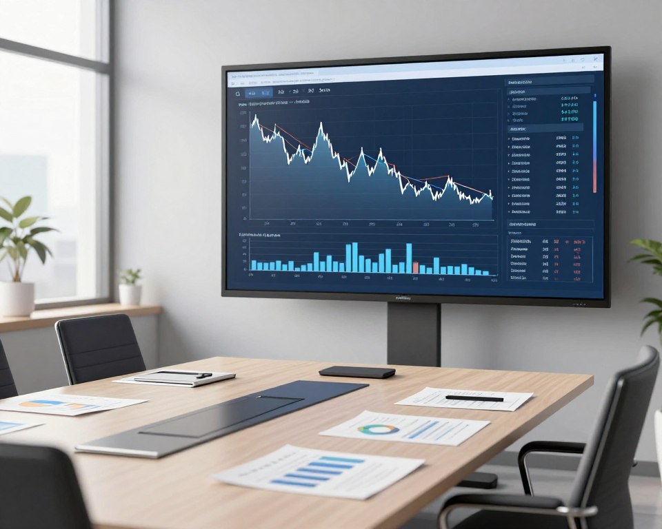 A sleek, professional office environment featuring a large digital display screen analyzing historical data for downside risk scenarios. In the foreground, charts and graphs illustrate various risk assessment metrics with a focus on decline trends, using neutral color palettes of blues and grays. The middle layer includes an elegant conference table with scattered financial reports and analytical tools, all rendered in high detail. In the background, large windows let in soft, diffused natural light, creating a calm and focused atmosphere. The overall composition should emphasize professionalism, clarity, and a sense of analytical rigor, while maintaining a minimalistic aesthetic without any human figures or text elements.