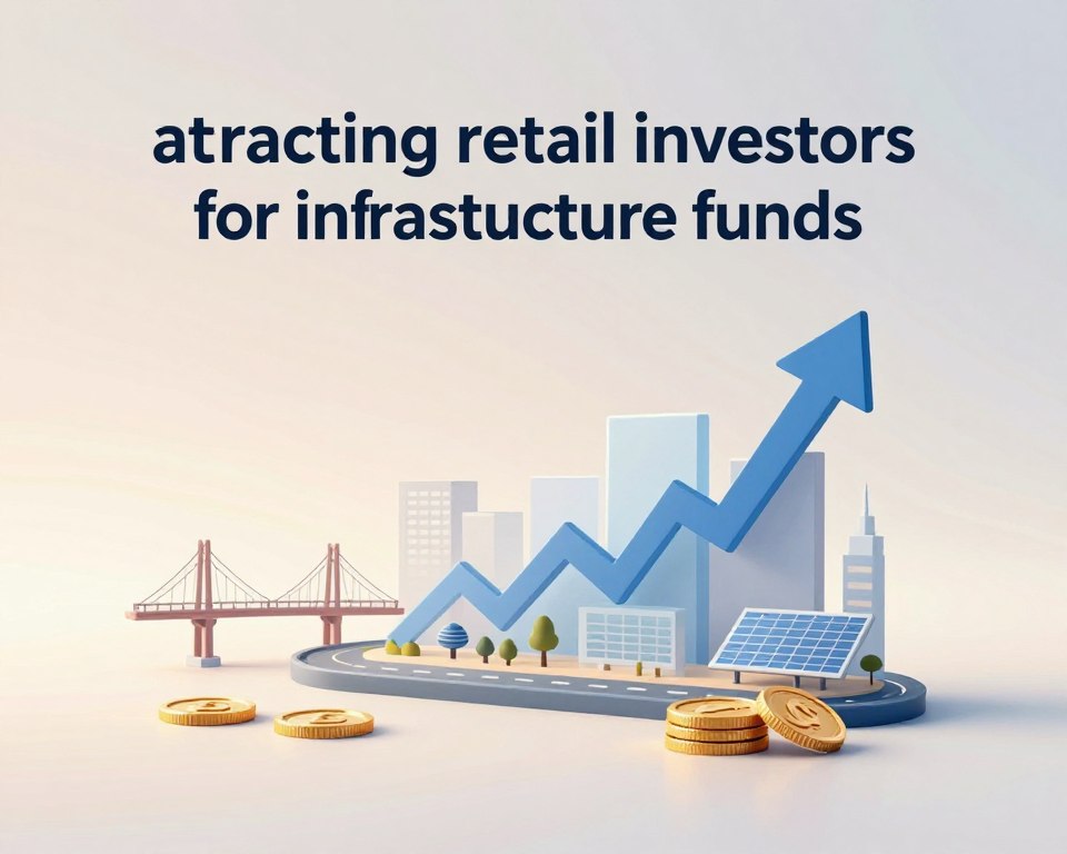A sophisticated illustration depicting an abstract concept of "attracting retail investors for infrastructure funds." In the foreground, visual metaphors representing financial growth, such as upward arrows, coins, and a stylized graph, symbolizing investment potential. The middle layer features architectural elements like bridges, roads, and renewable energy structures, showcasing various infrastructure types. The background consists of a soft gradient of neutral colors to maintain a professional tone, invoking a sense of stability and trust. The lighting is soft and diffused, providing an ethereal glow that enhances the overall atmosphere of optimism and opportunity. The composition is minimalistic, focusing solely on the concept without any human figures or text, ensuring a clean and professional aesthetic.