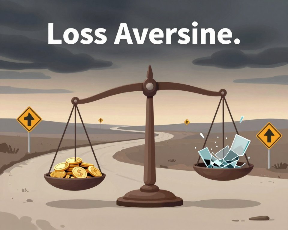 A thought-provoking visualization representing the concept of "Loss Aversion." In the foreground, a symbolic representation of a scale tipping precariously, with one side heavily weighted down by gold coins, signifying potential gains, while the other side remains light, illustrating greater losses such as shattered glass or dark clouds. In the middle ground, fragmented pathways wind through a landscape, showing diverging paths marked by caution signs. The background should depict a gradient sky transitioning from dark stormy clouds to a subtle dawn, conveying a feeling of uncertainty and tension. Utilize soft, neutral lighting to enhance the mood and add depth. The composition should evoke a sense of contemplation and anticipation, emphasizing the risks and consequences tied to loss aversion.