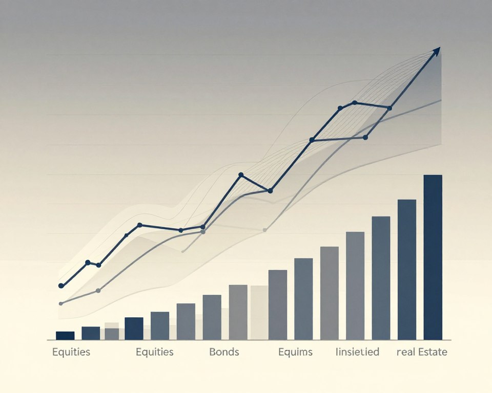 An abstract representation of historical investment strategies returns, featuring a multi-layered graph with intricate lines and curves illustrating various investment trajectories over decades. In the foreground, a dynamic bar chart representing asset classes like equities, bonds, and real estate, all in neutral tones of blue, gray, and beige. The middle layer depicts soft, flowing lines that symbolize market trends and correlations, with subtle gradients enhancing depth. The background is a muted, textured gradient that suggests stability and professionalism, complementing the overall theme. The lighting is soft and diffused, creating a calm and analytical atmosphere, emphasizing the data presentation without distraction. The overall composition is clean, spacious, and minimalistic, designed for clarity and focus on the financial concepts.